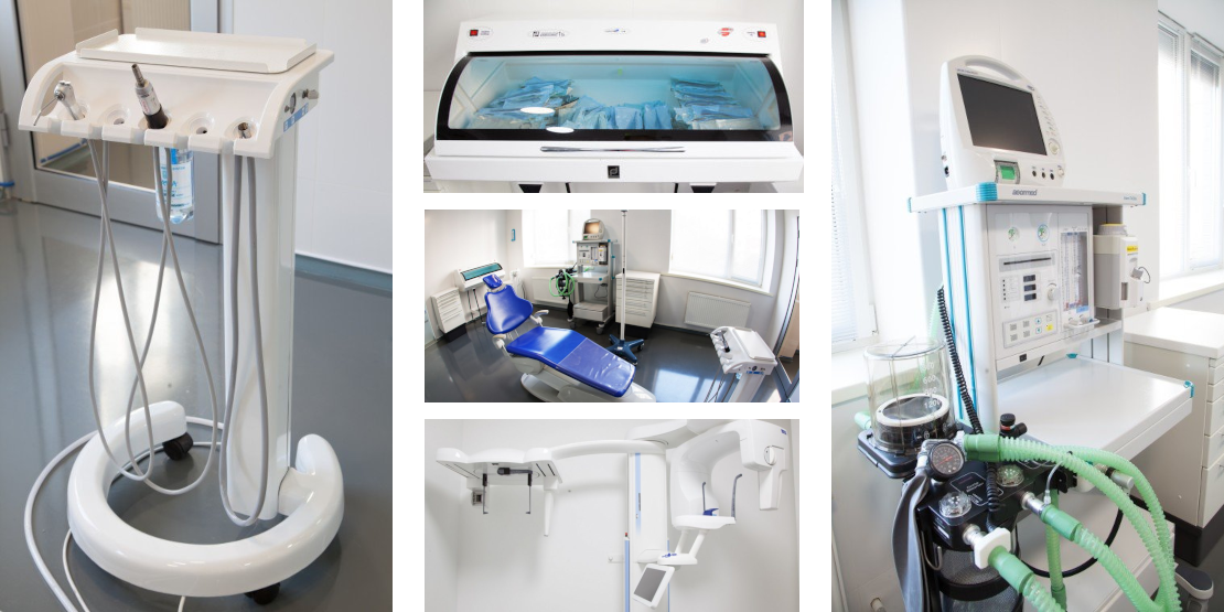 На фотоколажі апарат для загального наркозу, стоматологічне крісло, бокс для дезінфекції та обладнання в стоматології Багіта в Черкасах