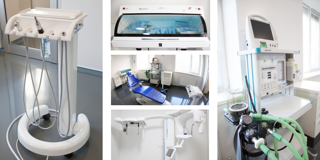The photo collage shows a general anesthesia machine, a dental chair, a disinfection box and equipment in Bagit's dentistry in Cherkasy